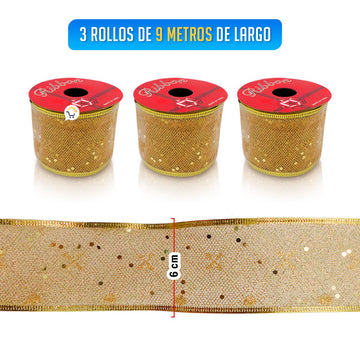 Cinta de Malla Navideña Metalizada x3 Rollos 9 m Dorado 6246D