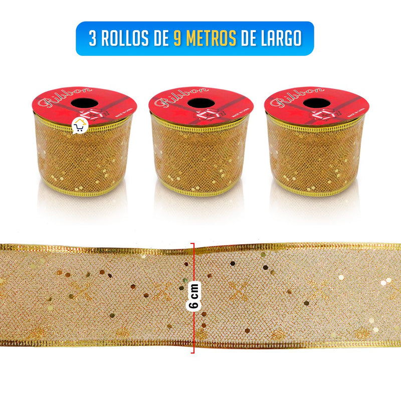 Cinta de Malla Navideña Metalizada x3 Rollos 9 m Dorado 6246D