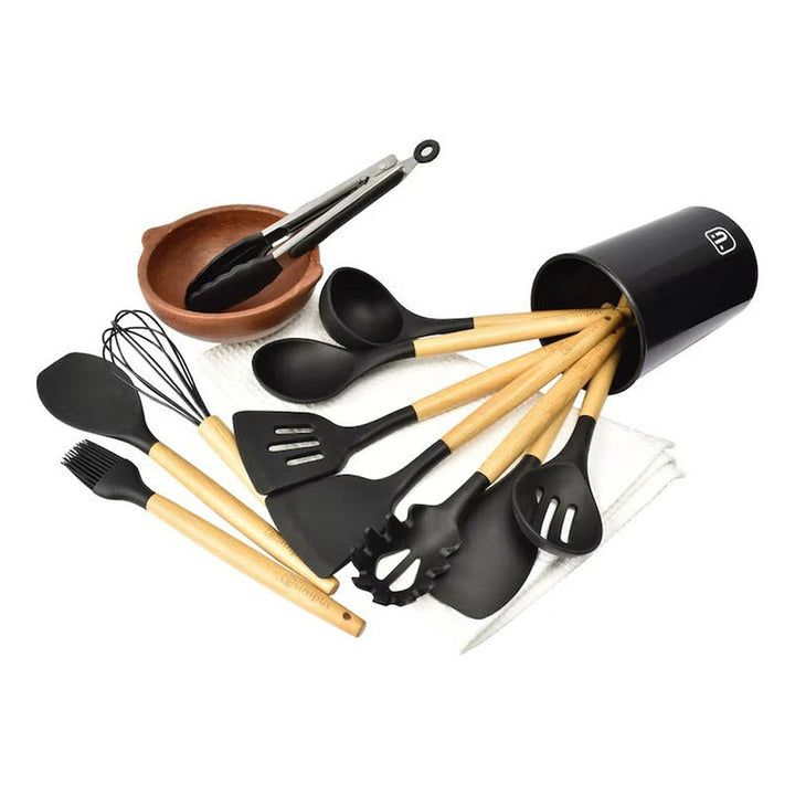 Set 12 Utensilios De Cocina Silicona Resistente Calor Negro