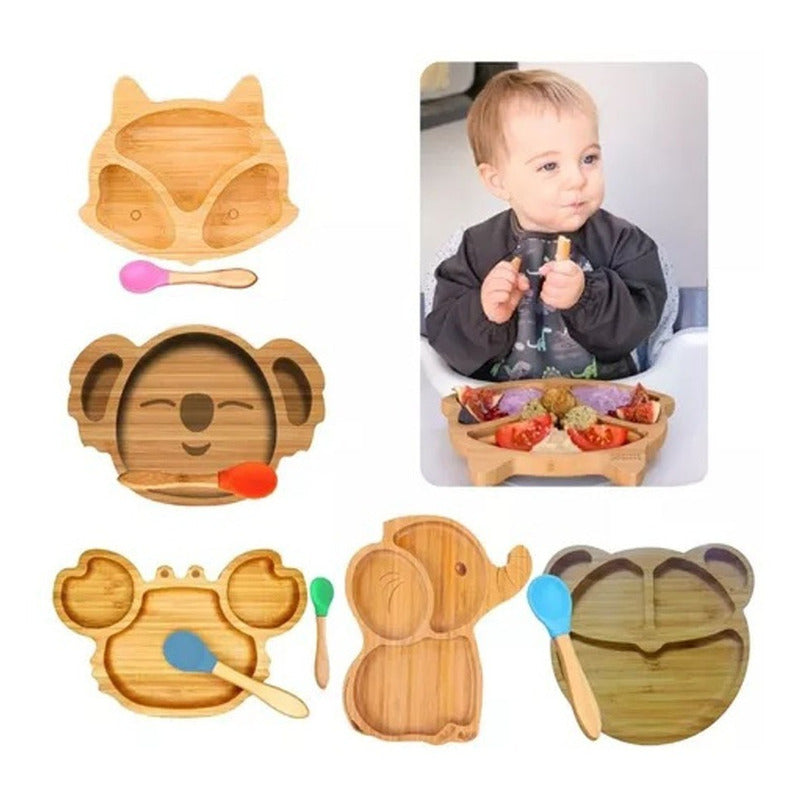 Plato Bambu Antideslizante Con Cuchara Bebés Oso