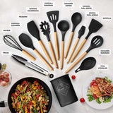 Set 12 Utensilios De Cocina Silicona Resistente Calor Negro