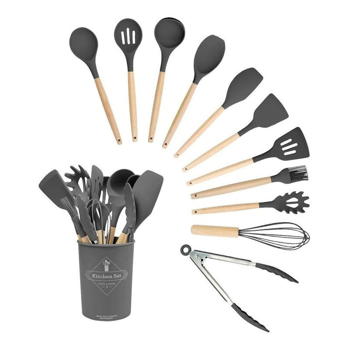 Set De Utensilios De Cocina En Silicona Madera Por 12 Gris