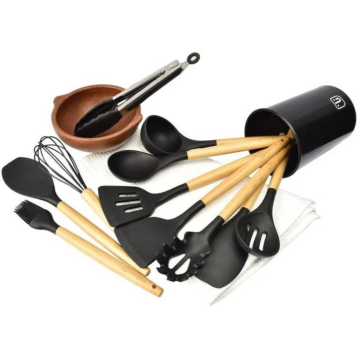 Set De Utensilios D Cocina En Silicona Madera Por 12 Negro