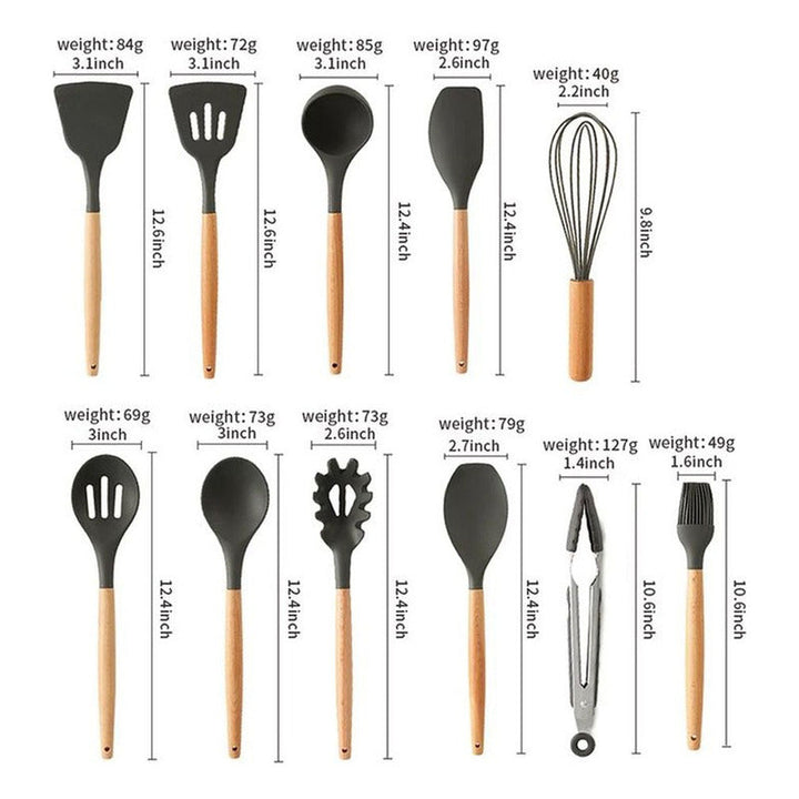 Set 12 Utensilios De Cocina Silicona Resistente Calor Negro