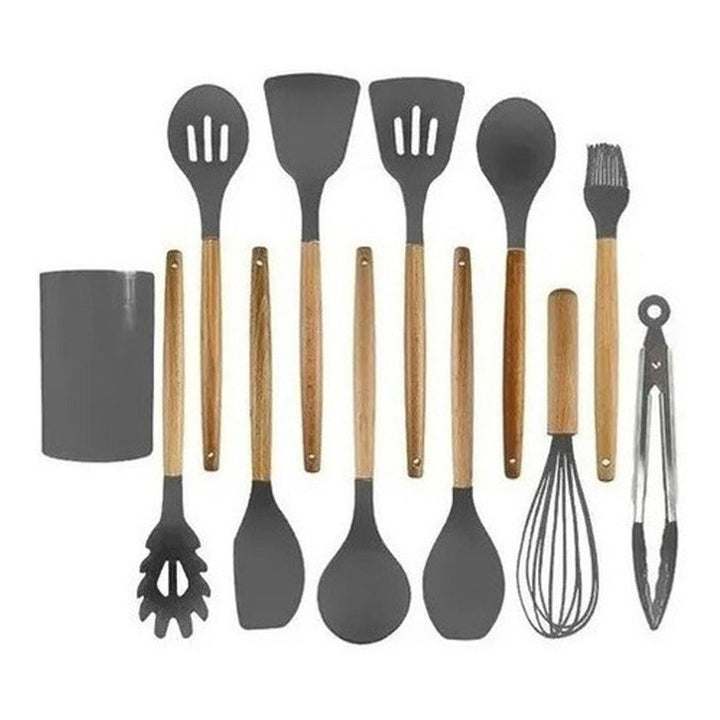 Set De Utensilios De Cocina En Silicona Madera Por 12 Gris
