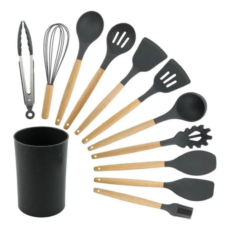 Set 12 Utensilios De Cocina Silicona Resistente Calor Gris