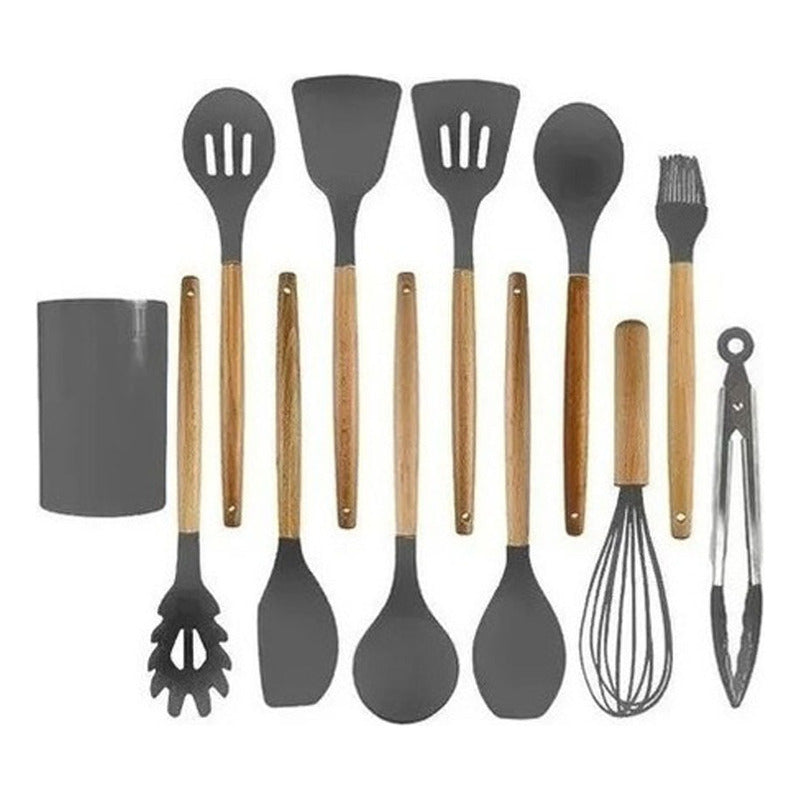Set 12 Utensilios De Cocina Silicona Resistente Calor Gris