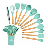 Set De Utensilios De Cocina En Silicona Madera Por 12 Verde