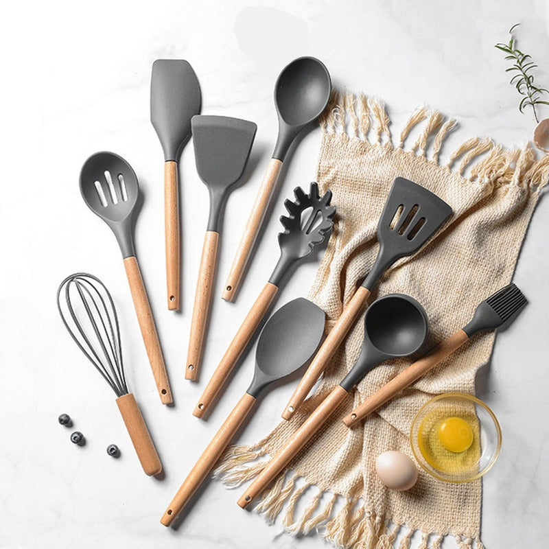 Set 12 Utensilios De Cocina Silicona Resistente Calor Gris