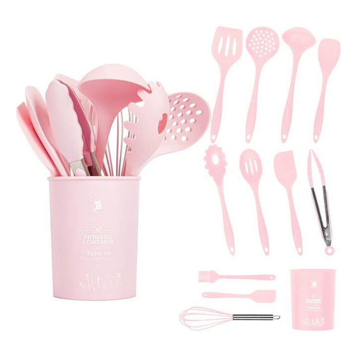Set 12 Utensilios De Cocina Silicona Resistente Calor Rosa