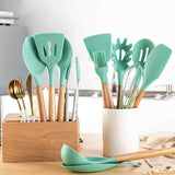Set De Utensilios De Cocina En Silicona Madera Por 12 Verde