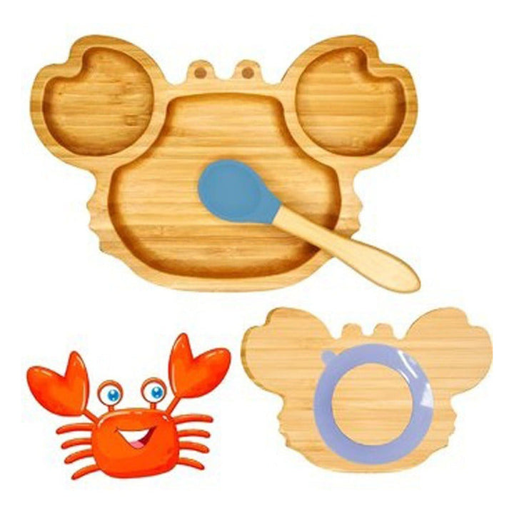 Plato Bambu Antideslizante Con Cuchara Bebés Cangrejo
