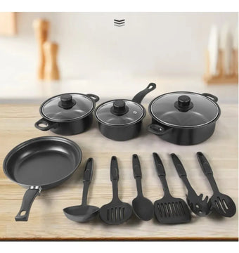 Set De Utensilios De Cocina Ollas Y Sartenes 13 Piezas Negro