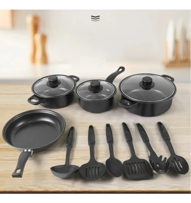 Set De Utensilios De Cocina Ollas Y Sartenes 13 Piezas Negro