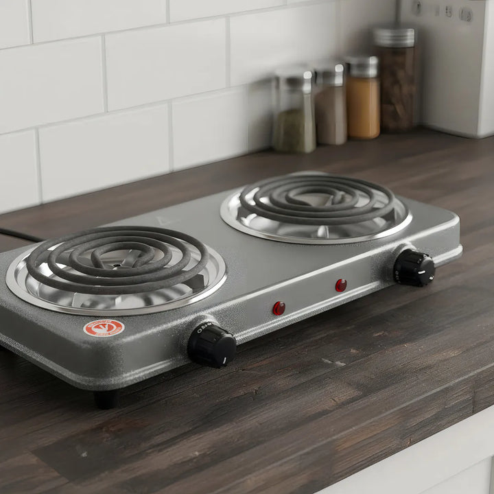 Fogon Estufa Electrica Portatil Gris Negro Cafe 2 Puestos Quemadores Potencia 2000w Cocina Compacta Resistente Hogar Oficina Viajes Camping Practica Rapida Segura Limpieza Sencilla