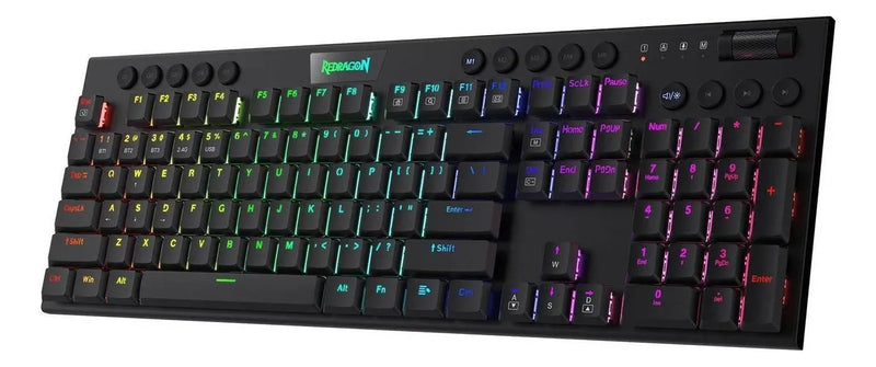 Teclado Redragon Horus QWERTY Redragon Low profile Linear Red español latinoamérica color negro con luz RGB