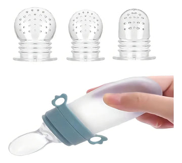 Tetero Biberón Azul Dispensador Alimentos Bebés 40 Ml Uso Azul Chupo 3 Tamaño Alimento + CAyuda Habilidades Control Sin Bpa Libre Bps Sin Ftalatos Silicona Grado Alimenticio Versátiluchara Dispensar