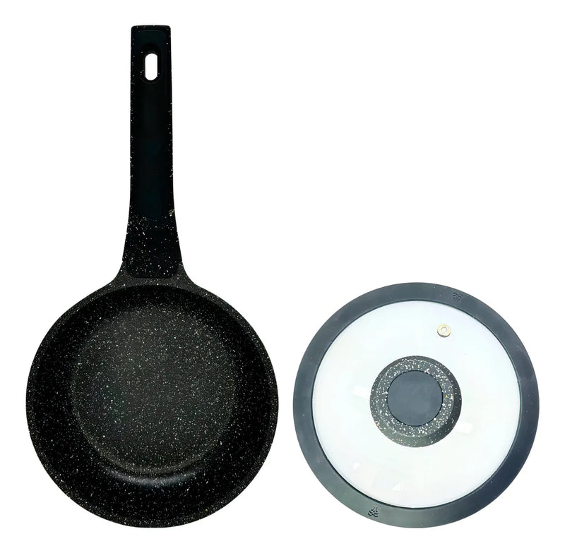 Sartén Antiadherente En Mármol Tapa De Vidrio 18cm Renahouse Color Negro