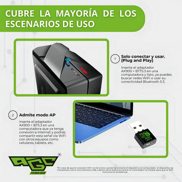Adaptador Wifi Usb Tarjeta Red Pc 6g 5g Ax 900 Bluetooth 5.3 Doble Banda Dual / Windows 10 Y 11 / Marca Agc Tecnologia