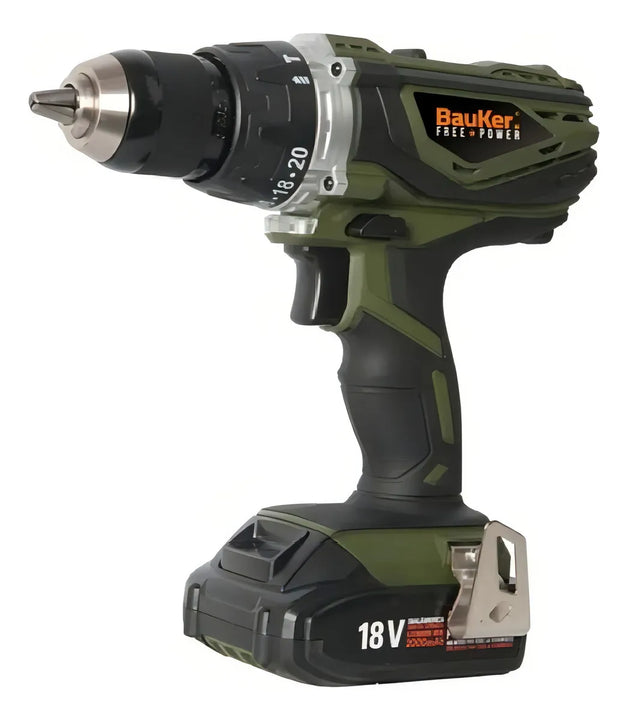 Taladro percutor atornillador inalámbrico de 13mm Bauker CD180JN-2P 18V + accesorios