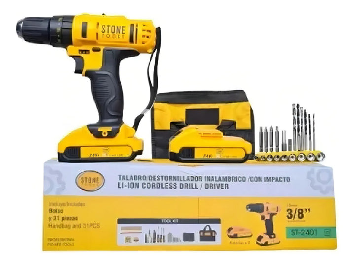 Taladro Inalámbrico 24v Percutor Trabajo Pesado 2 Baterias Protool 2401 Amarillo