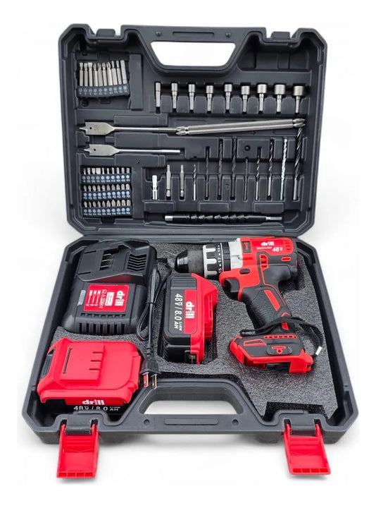 Taladro Percutor Inalámbrico 1/2 48v Brushless 67 Accesorios - Rojo