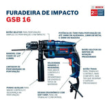 Taladro Percutor Bosch 1/2'' 750w Gsb 16 Re + Maletín Azul 60 Hz