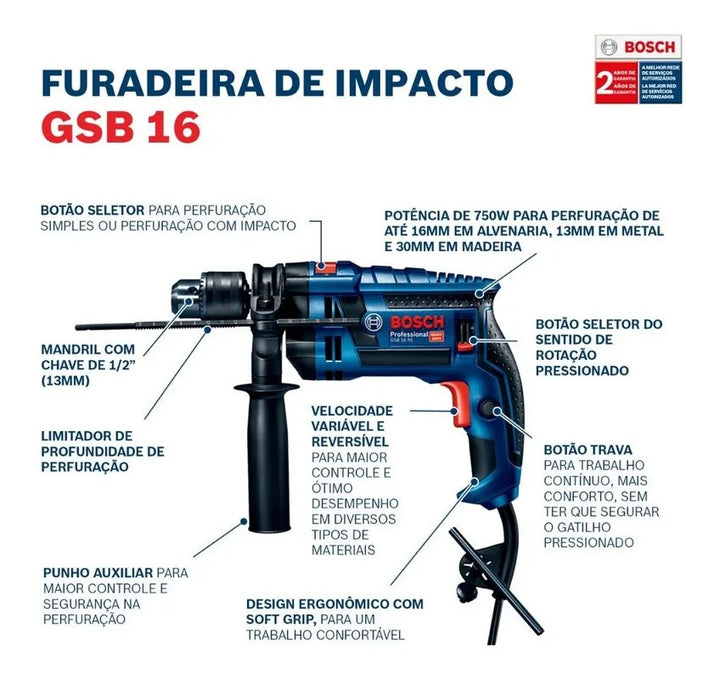 Taladro Percutor Bosch 1/2'' 750w Gsb 16 Re + Maletín Azul 60 Hz