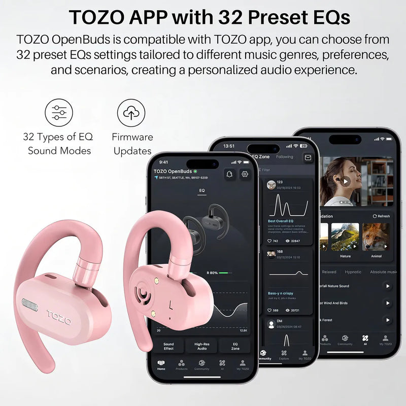 TOZO O2 OpenBuds Auriculares Inalámbricos Comodidad y Estilo para Cada Ocasión Color Rosado