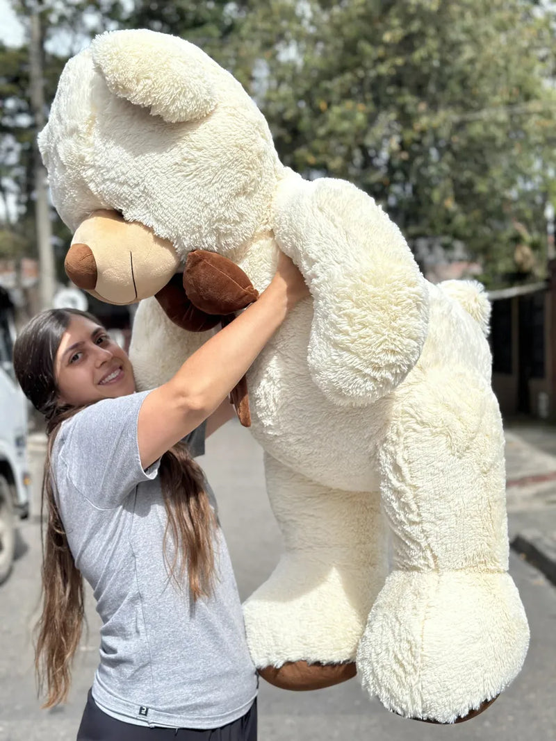 Oso De Peluche Gigante 1,60 + Moño + 3 Globos Perfumado Blanco Hueso