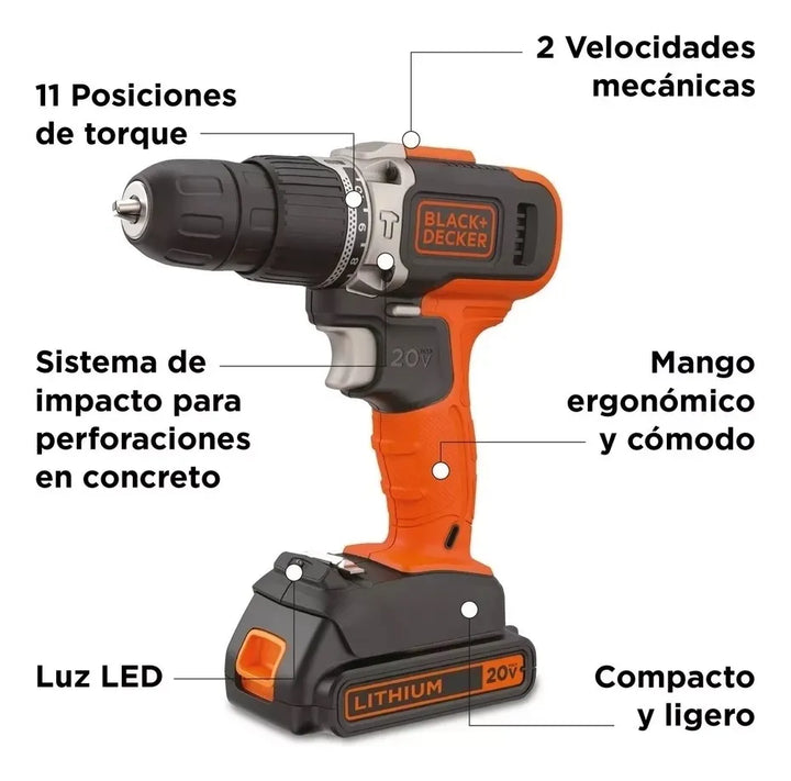 Taladro Percutor 3/8'' 20v Black+decker Bcd704c1-b3 Naranja
