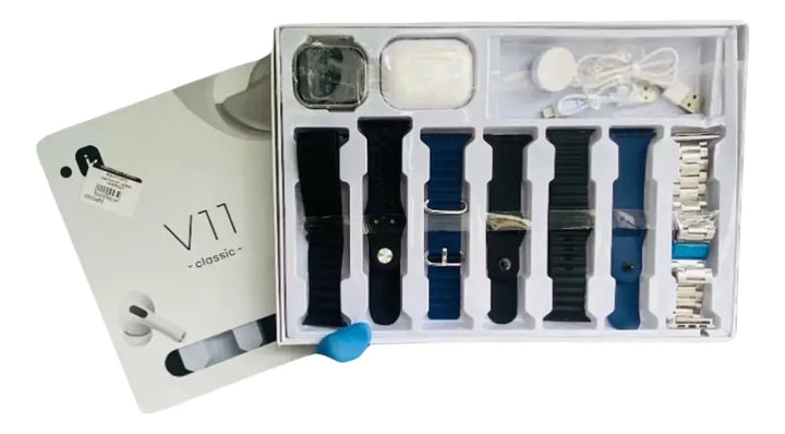 Combo Reloj Inteligente Audifonos Pulsos V11 Classic 10 En 1 Blanco Mesh Variado Variado
