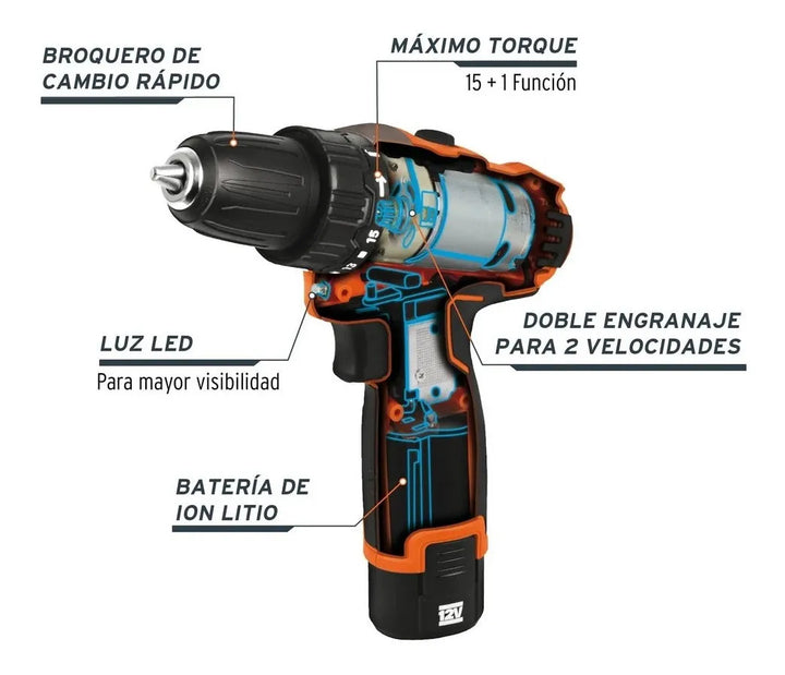 Taladro Inalámbrico 3/8'' 12 V 1250 Rpm Truper 18653 Color Naranja