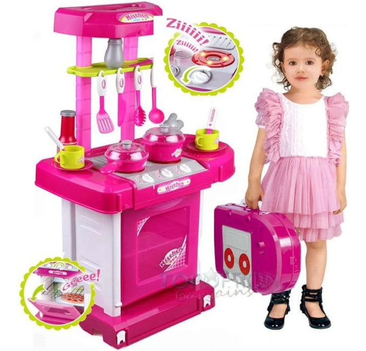 Cocina Infantil Maletin Pricesas Niñas Ollas Horno Juguete Color 008-58 Rosado