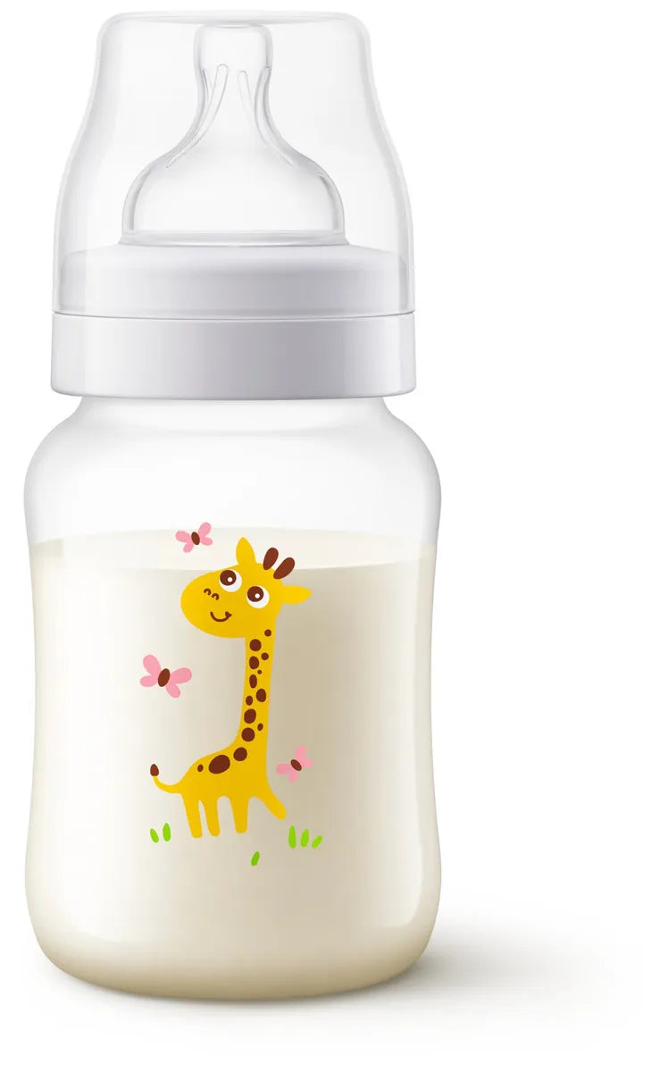 Tetero Avent Anti Cólicos 9oz 1m+ (Flujo 2) Decorado Jirafa sin BPA, Clinicamente Probado, modelo SCF821/12