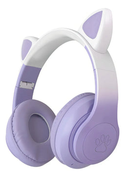 Audifonos Diadema Gato Inalambricos Bluetooth Fm Luces Niña Color Violeta Luz Rgb