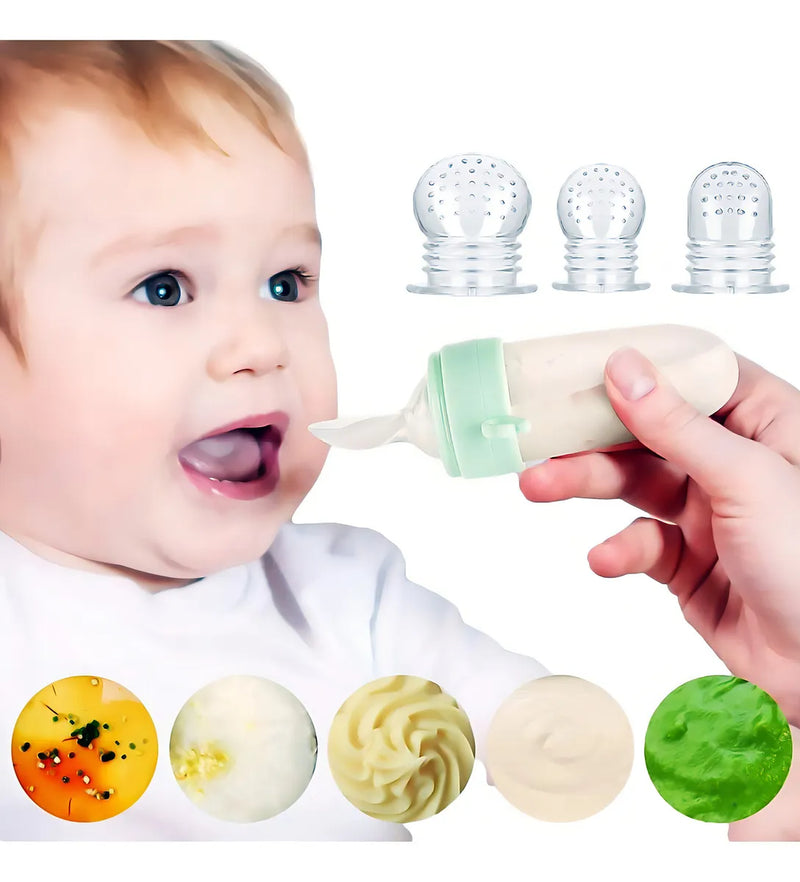 Tetero Biberón Dispensador Alimentos Bebés 40 Ml Uso Verde Chupo 3 Tamaño Alimento + Cuchara Dispensar Ayuda Habilidades Control Sin Bpa Libre Bps Sin Ftalatos Silicona Grado Alimenticio Versátil