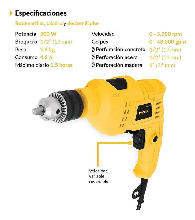 Taladro Percutor 1/2´´ Reversible 500 W Pretul