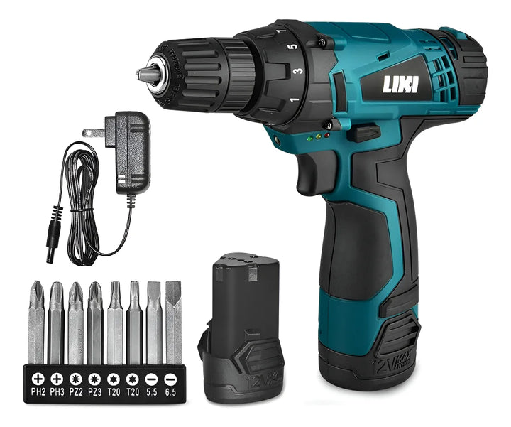 Taladro Eléctrico, 12 V Batería De Iones De Litio Cargador Azul Petróleo