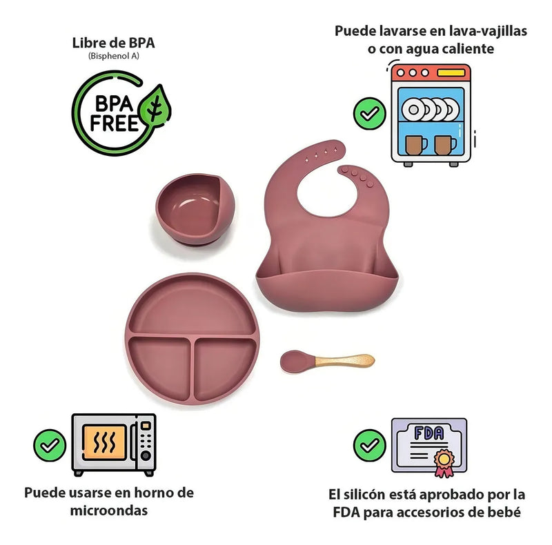 Kit Alimentación Bebe Niño Vajilla En Silicona Plato Babero Color Rosa Liso