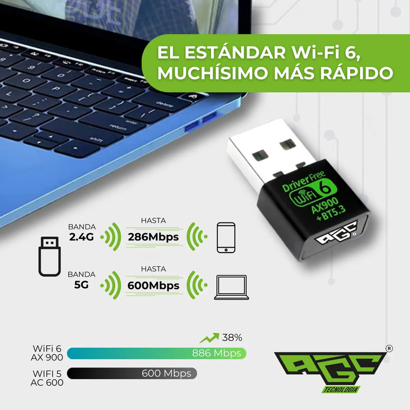 Adaptador Wifi Usb Tarjeta Red Pc 6g 5g Ax 900 Bluetooth 5.3 Doble Banda Dual / Windows 10 Y 11 / Marca Agc Tecnologia / Fact Electronica