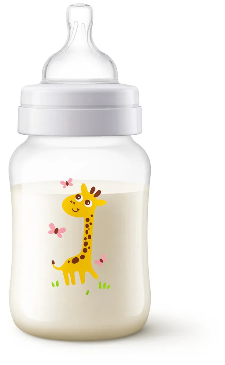 Tetero Avent Anti Cólicos 9oz 1m+ (Flujo 2) Decorado Jirafa sin BPA, Clinicamente Probado, modelo SCF821/12