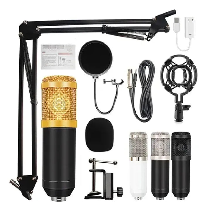 Kit Micrófono Condensador + Tarjeta Sonido Bluetooth V8 Negro