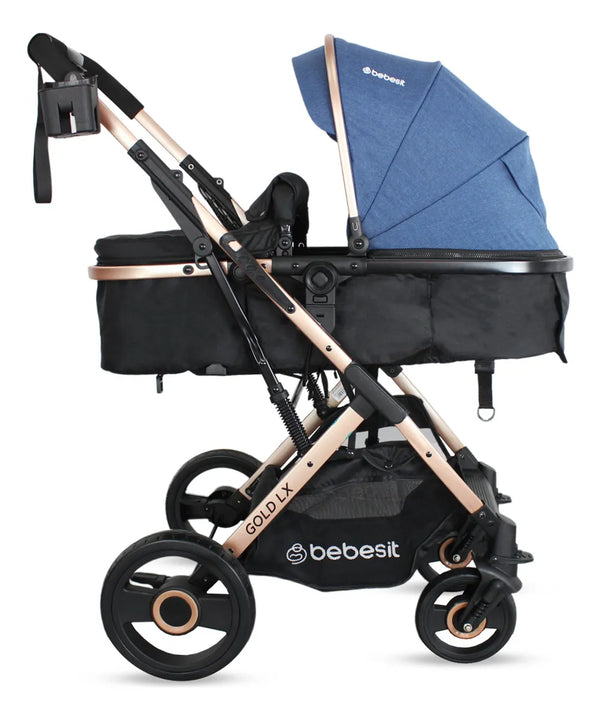 Coche Bebé Reclinable Moises Bebesit Gold Lx, Plegable Azul Chasis Dorado
