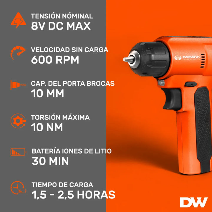 Taladro Atornillador Inalámbrico 8v Daewoo Dacd8v 10mm Naranja 50 Hz/60 Hz