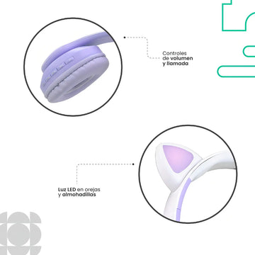 Audifonos Diadema Gato Inalambricos Bluetooth Fm Luces Niña Color Violeta Luz Rgb