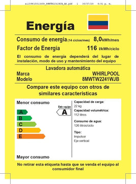 Lavadora Whirlpool Carga Superior 22kg Xpert System Impeller Blanco