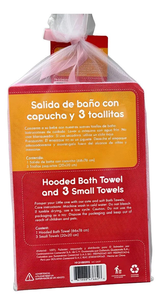 Salida De Baño Capucha +3 Toallitas Para Bebes Diseño Animal Rosa