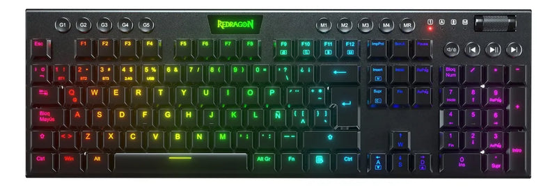 Teclado Redragon Horus QWERTY Redragon Low profile Linear Red español latinoamérica color negro con luz RGB