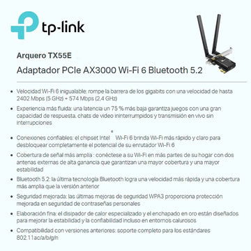 Tarjeta Pcie Wifi 6 Ax3000 + Bt 5.2, Tp-link Archer Tx55e